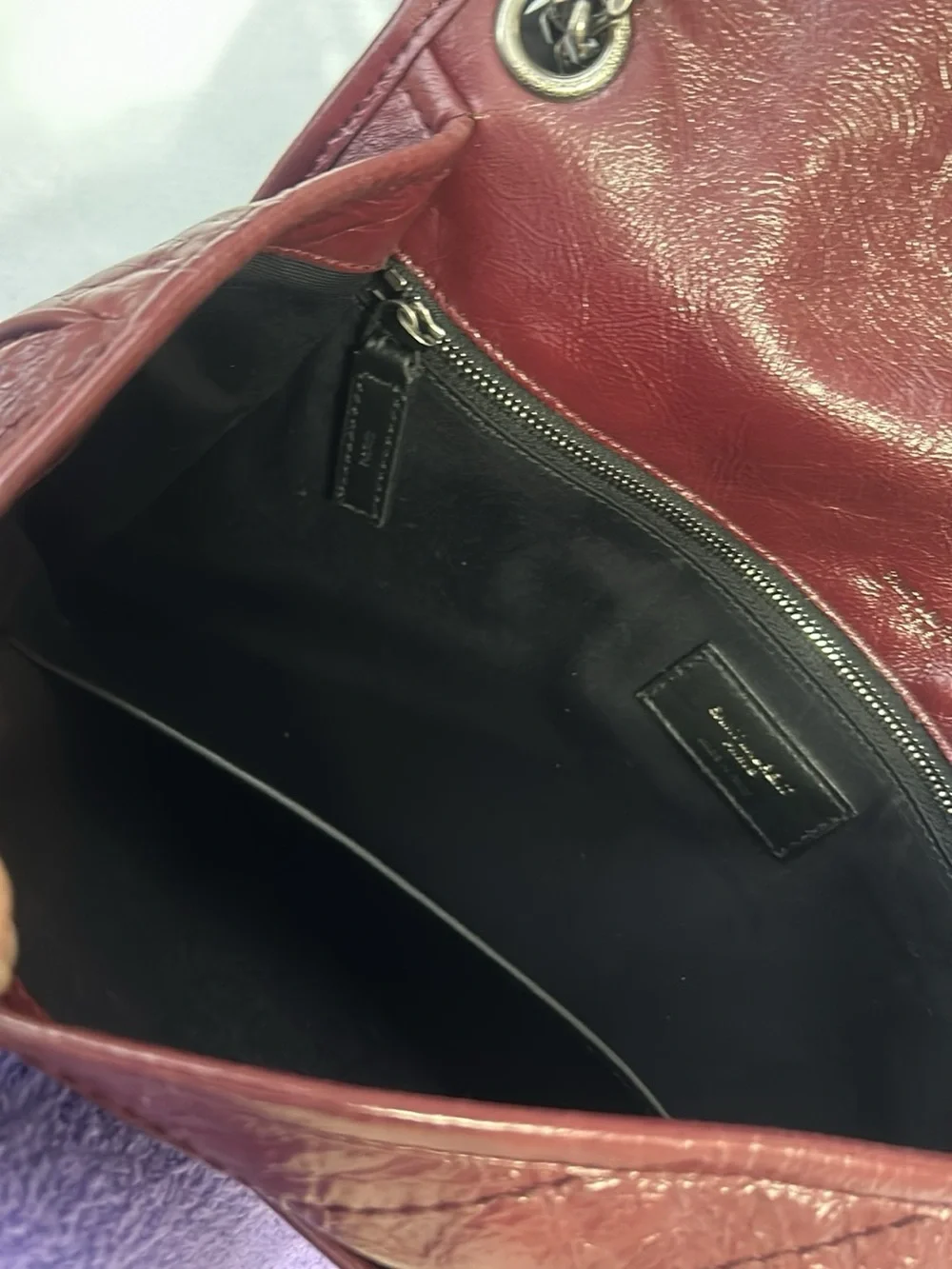 Yves Saint Laurent Quilted Burgundy Leather Shoulder Bag with Silver Chain